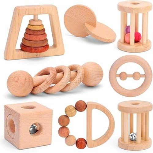 8 Pieces Montessori Baby Wooden Toys for 0-6-12 Months Babies, Wood Rattles and Teethers Toy Set with Bells for Newborn Infant Boys and Girls Gifts