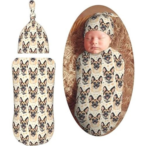 Adorable German Shepherds Newborn Swaddle Blankets Hat Sets Soft Baby Receiving Blanket Swaddle Sack for Baby Shower Infant Boy Girl Gift