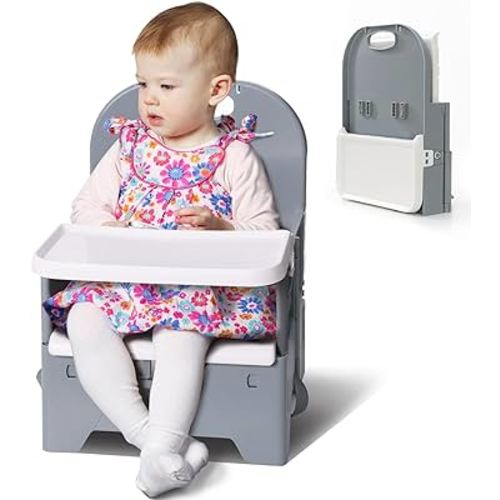 BABELIO Travel Booster Seat for Upright Posture, Compact Folding Floor Seat with Full Body Washable Design, Great for Baby, Dining Table, Camping, Beach, Gray