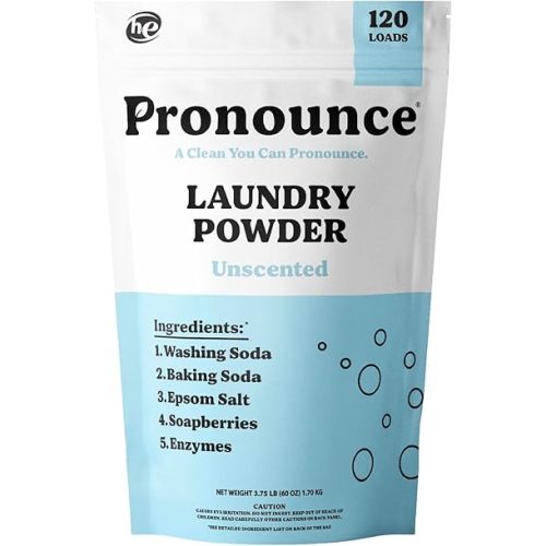 Pronounce Laundry Detergent Powder Alternative | Earth-Derived Ingredients, Eco-Friendly, Safer for Sensitive Skin, Eczema, and Babies. Stain + Smell Fighting. HE Safe (Unscented, 120 Loads)