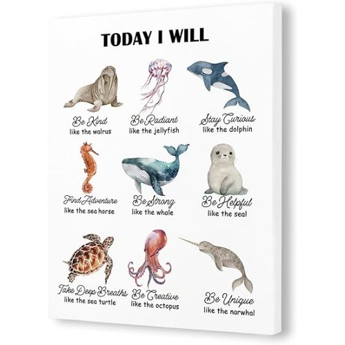Pugwak Ocean Nursery Wall Decor Canvas Prints - Nautical Animals Classroom Wall Decor Framed Canvas Affirmation Wall Art Painting Artwork for Nursery Kids Room Art Prints 11×14 Inch
