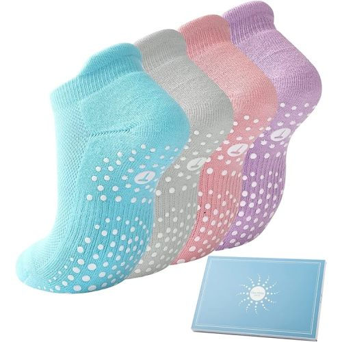 Grip Socks for Pilates, Yoga, Hospital, Barre, Cushioned Ankle Sports Socks Women Non Slip Slipper Socks Gifts 2-4 Pairs - Multicolor 4 Pairs - 6-8
