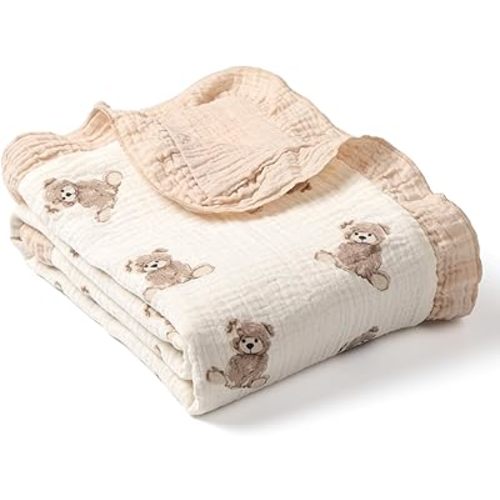 100% Organic Cotton Muslin Baby Blanket Flounce Edge Large 50"x43" Teddy Bear, Soft Breathable Toddler Quilt Crib Blankets Gender Neutral for Baby Boys and Girls Bassinet, Bed, Stroller & Snuggling