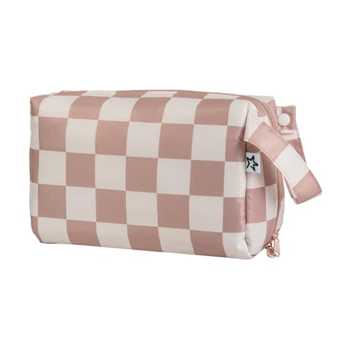 Tiny Twinkle Portable Waterproof Makeup Bag | Travel-Friendly Cosmetic Organizer with Convenient Carry Handle | Spacious Interior, and Secure Zipper Closure (Beige Checkers)