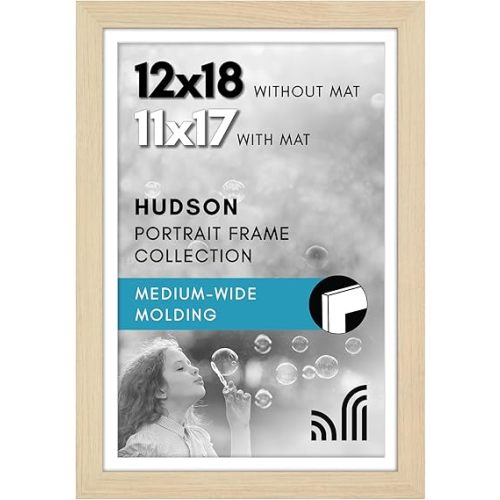 Americanflat 12x18 Poster Frame with Shatter-Resistant Glass - Use as 11x17 Frame with Mat or Display 12x18 Photo Without Mat - Hudson Collection - Wide Picture Frames for Wall Display - Natural Oak