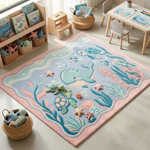 Ocean Theme Plush Playroom Rug, Whale Turtle Nursery Carpet, Pastel Sea Life