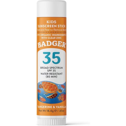 Badger Kids Sunscreen Stick SPF 35 with Mineral Zinc Oxide, Travel Size Sunscreen Stick for Kids, 97% Organic Ingredients, Reef Friendly, Broad Spectrum, Water Resistant, .65 oz