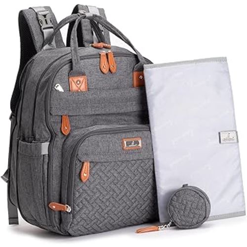 BabbleRoo Extra Large Diaper Bag Backpack, Expandable Baby Bag with Up to 50% More Capacity - Travel Essentials Baby Bag Tote with Changing Pad, Stroller Straps & Pacifier Case - Unisex, Dark Gray