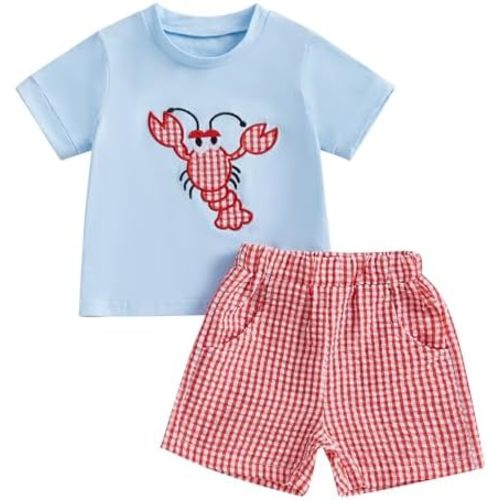 KMBANGI Toddler Baby Boy Girl Crawfish Outfits Short Sleeve Crawfish Boil Shirt Gingham Shorts Baby Smocked Summer Clothes