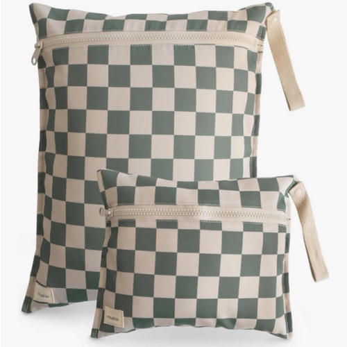 mushie Water Resistant Wet Bags | Large & Small Reusable Storage Bag for Baby Items and Travel | Zippered Pockets with Handle | Machine Washable, Set of 2 (Olive Check)