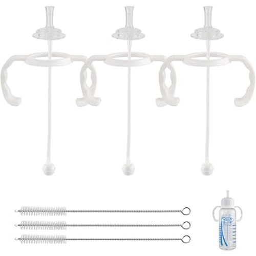 3 Pack Straw Cup Conversion Kit for Dr Browns Narrow Baby Bottles, Spill-Proof Transition Kit with Silicone Straw Nipple, Weighted Straw, Handle, 6m+