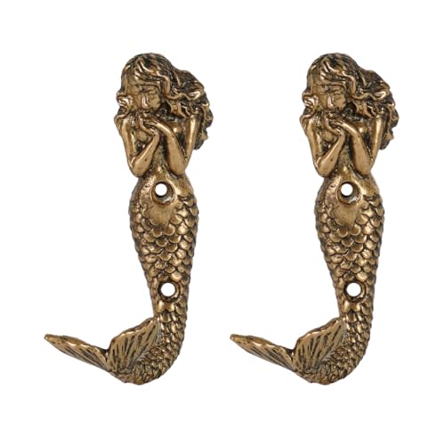 SOFFEE DESIGN 2pcs Gold Mermaid Shape Metal Wall Coat Hooks, Beach Decoration Wall Mounted Hanging Racks Coat Hooks for Keys, Towels, Clothes, Scarf, Bag