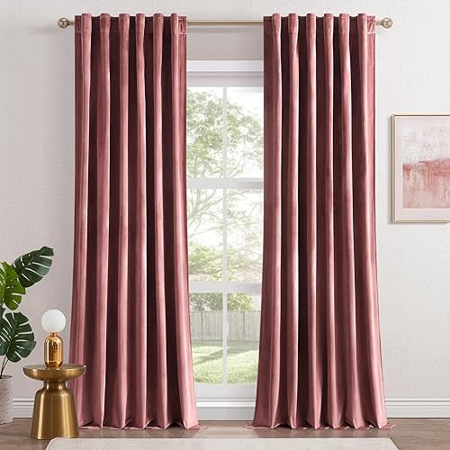 Topfinel 96 Inches Long Blush Velvet Curtains for Living Room,Rod Pocket Back Tab Clip Rings for Windows Solid Color Curtains,96 Length 2 Panel Sets(Malaya Garnet/Dusty Rose)