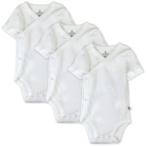 HonestBaby Unisex Baby 3 Pack Short Sleeve Side Snap Kimono Bodysuit 100% Organic Cotton for Infant Baby Boys, Girls