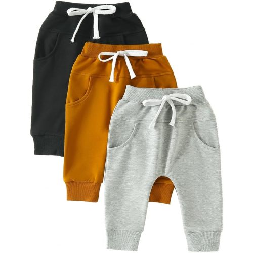 Toddler Baby Boy Fall Pants 3 Pack Active Jogger Casual Athletic Trousers Solid Color Pocket Elastic Waist Harem Bottoms - Black Brown Grey - 6-12 Months