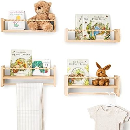 Nursery Floating Book Shelves for Wall (Set of 4) - Space-Saving Design Stores Reading Books, Toys, Keepsakes, First Milestone Moments | Pine Wood Shelf Organizer for Baby, Toddler, Kids Bedroom