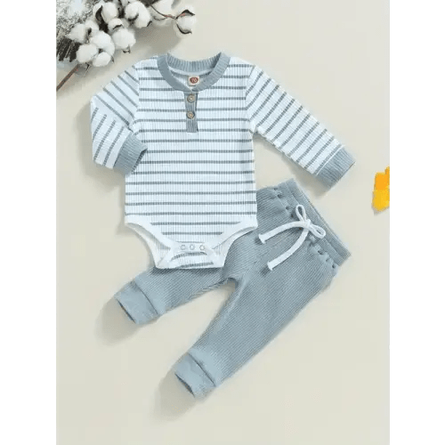 Baby Boy 2Pcs Fall Outfits Long Sleeve Striped Print Romper + Pants Set Infant Warm Clothes