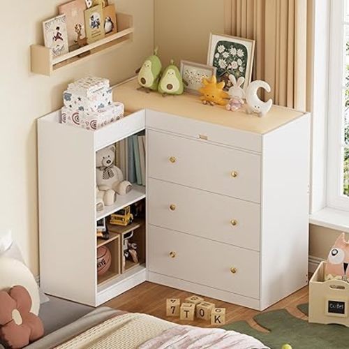 Corner Baby Changing Table Dresser,Dresser for Nursery with 3 Drawers and 2 Shelves,Multi-Functional Baby Changing Table,Changing Station Organizer for Bedroom,White
