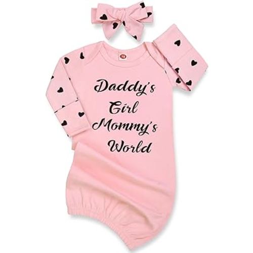 Newborn Baby Girl Gown 0-6 Months, Baby Girl Nightgowns, Newborn Babies Girls Gift, Little Sister Newborns Outfits and Coming Home Outfits with Headband Set Pink