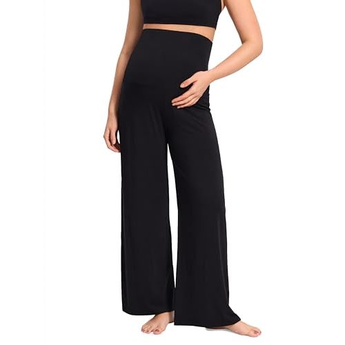 MOMANDA Wide Leg Maternity Lounge Pants Summer Over The Belly Cotton Modal Flowy Pregnancy Pajama Pants Ultra Soft