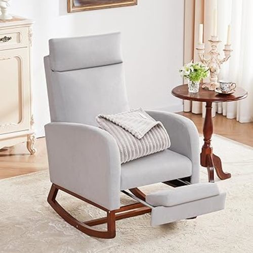 Nursery Rocking Chairs with Foot Rest, Rocking Chair Nursery Chair with High Back, Glider Rocking Chair, Baby Nursery Glider Rocker, Nursing Chair Accent Living Room Grey with Blanket