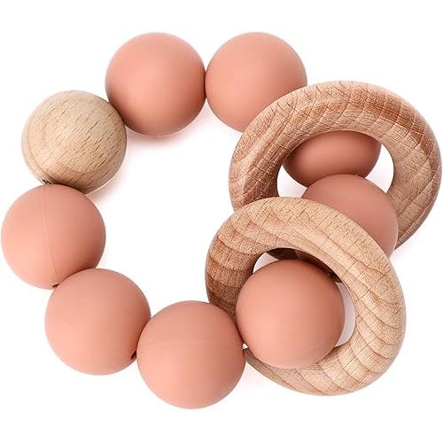 Socub Baby Teething Toy, Organic Baby Teething Ring, Silicone & Beech Baby Rattle Teether for baby 3+ Months, BPA Free, Muted