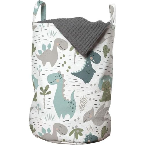 Ambesonne Cartoon Laundry Bag, Smiling Dinosaurs with Palm and Cactus, Hamper Basket with Handles Drawstring Closure for Laundromats, 13" x 19", White Seafoam