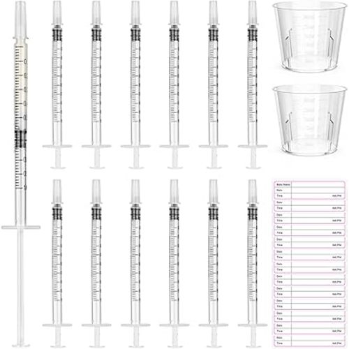 Syringes with Caps Kit, 100pcs 1ml Syringe, 2pcs 30ml Measuring Cup, 100pcs Adhesive Labels, for Colostrum, Pet Feeding, Scientific Labs