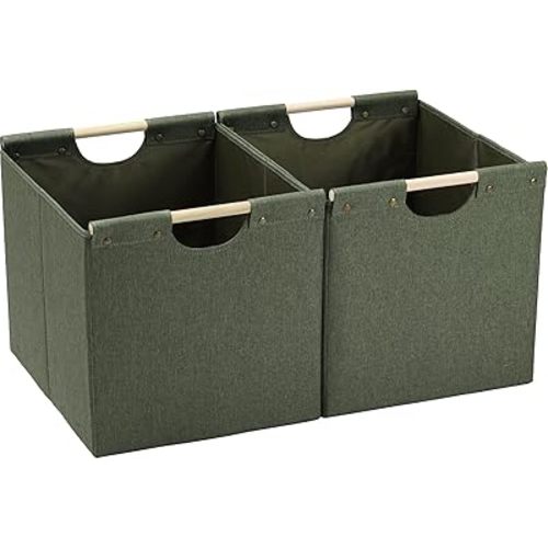 HOONEX Large Collapsible Storage Bins, Linen Fabric, Pack of 2, Storage Baskets with Wooden Carry Handles and Sturdy Heavy Cardboard, for Home, Office, Car, Nursery, Olive