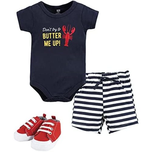 Hudson Baby Unisex Baby Cotton Bodysuit, Shorts and Shoe Set