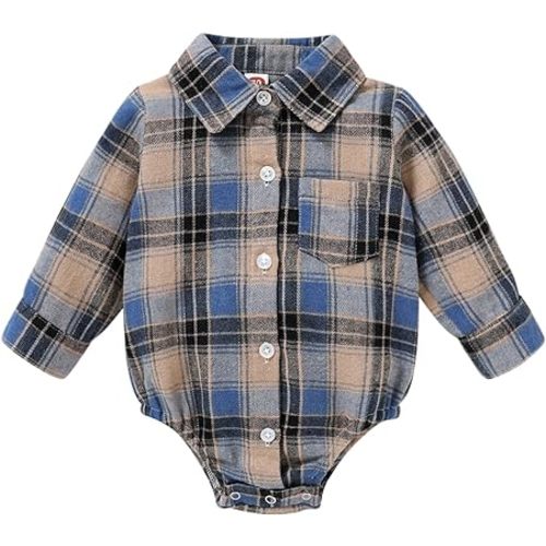 HAPPYMA Newborn Baby Boy Girls Plaid Outfit Flannel Romper Tops Infant Long Sleeve Button Down Plaid Casual Bodysuit Clothes