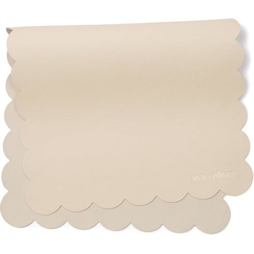 Ava + Oliver Vegan Leather Baby Changing Mat (16 X 30 in) - Multipurpose Wipeable and Portable Diaper Mat - Foldable for Travel (Cream Scallop)