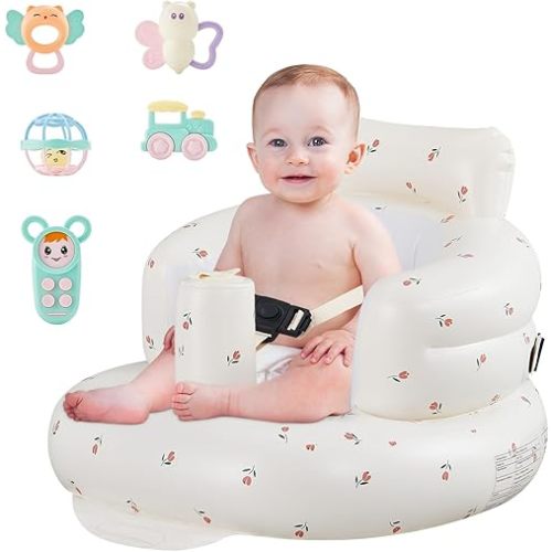 Inflatable Infant Seat - Built-in Air Pump, Adjustable Harness, Suitable for Infants 3-36 Months, Portable, sit me up Floor seat for Baby（Tulips）