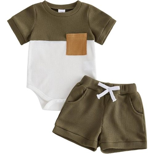 Newborn Baby Boy Summer Outfit Set Contrast Color Romper Tops With Elastic Waist Shorts Cute Infant Waffle Clothes