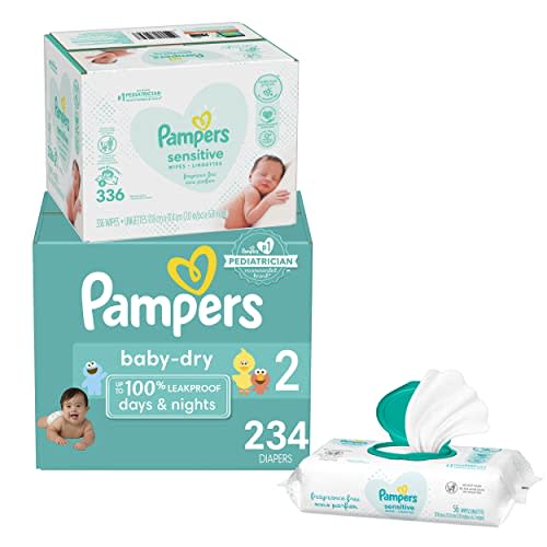 Diapers Size 2, 234 Count and Baby Wipes - Pampers Baby Dry Disposable Baby Diapers, ONE MONTH SUPPLY with Baby Wipes Sensitive 6X Pop-Top Packs, 336 Count (Packaging May Vary)