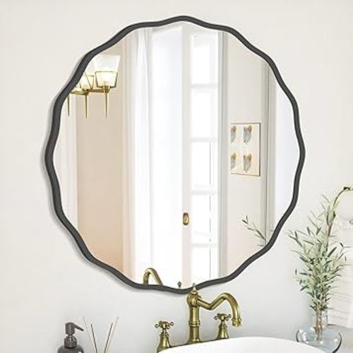 Black Round Wavy Mirror for Wall Decorative 20 inch Modern Wood Round Mirror Whit Wood Frame Circle Wall Mirror for Bathroom Bedroom Living Room Home House Office Entryway