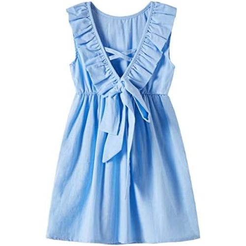 Rysly Toddler Baby Girls Cotton Linen Plaid Dress with Ruffle Back Straps and Bow Kids Casual Dress