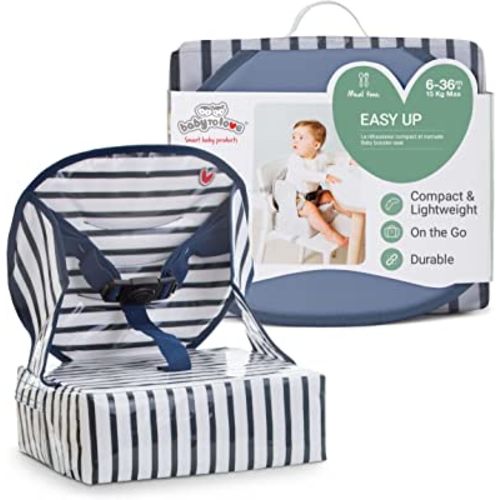 BabyToLove Easy Up Baby Booster Seat | Lightweight On The Go and Easy to Carry | Foldable Toddler Booster Seat with Harness for Travel and Dining | Blue Stripes