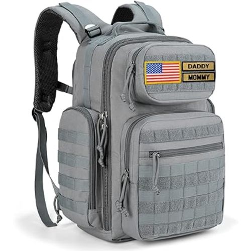 MIRACOL Military Diaper Bag for Dad - Insulated Baby Backpack with Patches for Outdoor Travel Trips - Daddy Diaper Backpack for Baby Shower Gifts Grey