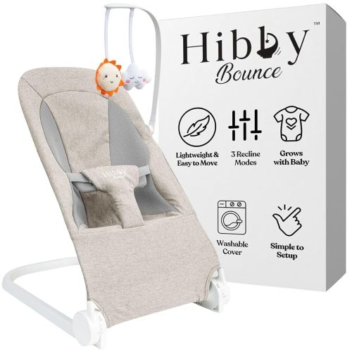 Hibby Bounce Baby Bouncer | Canadian Brand | 3-Position Adjustable Recline, Portable with Waterproof Carrying Bag, Newborn Insert & Safety Strap, Includes Toy Bar | Beige
