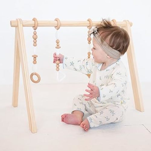 Wooden Baby Play Gym | Montessori-Inspired Activity Center with 4 Hanging Toys | Natural Wood & Silicone | Ideal for Tummy Time, Sensory Play & Motor Skill Growth | 0-12 Months