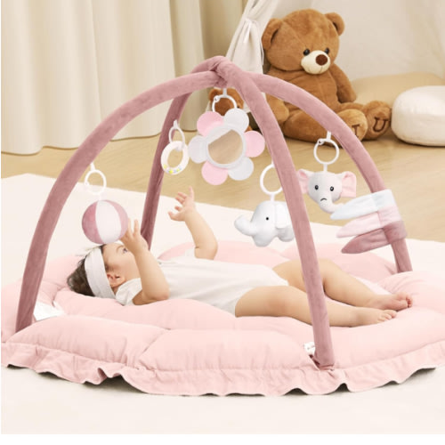 ANGELBLISS 5 in 1 Baby Play Gym Mat, Reversible Tummy Time Mat with 5 Sensory Toys for Stage-Based Developmental, Thick & Large Baby Activity Center from Newborn to Toddler (Purple)