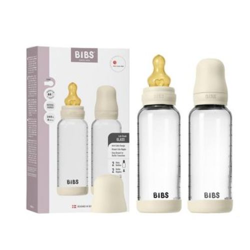 Bibs Glass Baby Bottle Set with Latex Nipple - 8 fl oz/2pk: Ivory, Nipple Level 2, Borosilicate Glass, BPA-Free