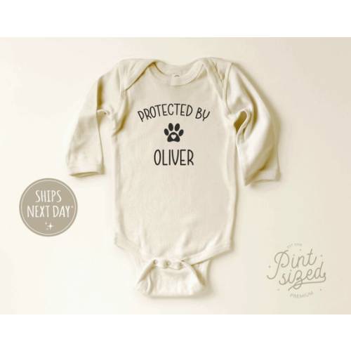 Protected by Dog Baby Onesie® Cute Personalized Bodysuit Natural Custom Baby Onesie® - Etsy