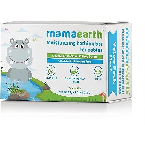 MAMAEARTH Moisturizing Baby Bathing Soap Bar with Goat Milk & Oatmeal for Soft & Nourished Skin | pH Balanced 5.5 | Gentle, Tear-Free Baby Soap | 75g × 2 (2.64 oz Each)