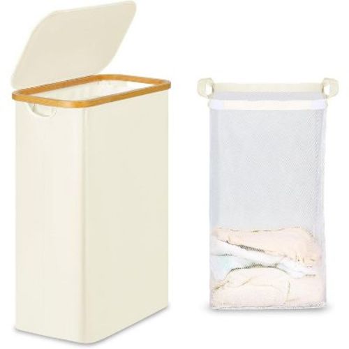 Laundry Basket with Lid, Narrow Laundry Hamper with Removable Bag, Skinny Dirty Clothes Basket with Bamboo Handles