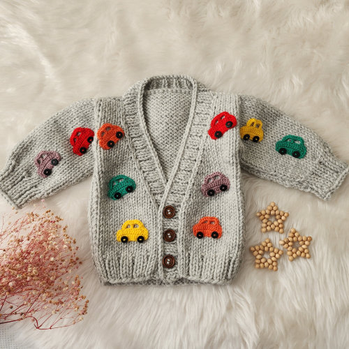 Colorful Car Embroidered Baby Cardigan, Gray Newborn Knit Sweater, Winter Crochet Jacket for Boy, Winter Toddler Clothes, Kids Top