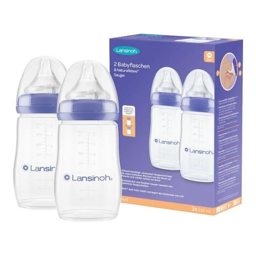 Lansinoh - Lot de 2 biberons à large goulot avec tétine NaturalWave, 240 ml, plastique, T. M