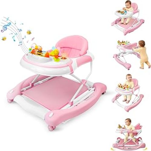 5 in 1 Baby Walker, Music and Lights Walker for Baby Boy Girls 6-12 Months, Foldable Baby Walkers with Wheels and Bouncer Combo Portable, Toddler Infant Walker with Adjustable Height