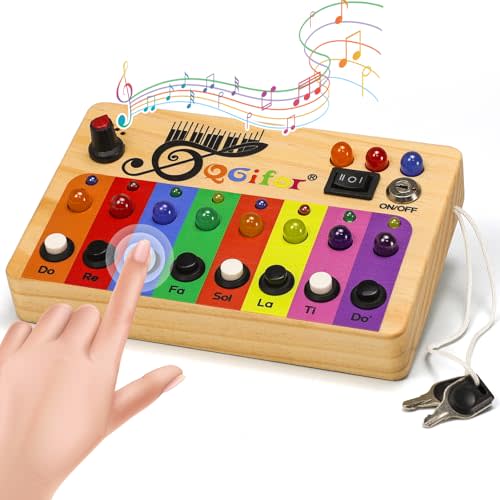 Music Busy Board with LED Light, Montessori Toys for Toddlers, Wooden Sensory Board, Toddlers Activity Travel Toys for 1 2 3 Year Old Boys & Girls